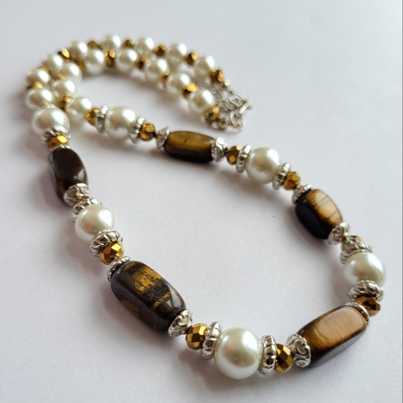 genuine tiger eye with glass pearls crystal necklace - Picture 2 of 5